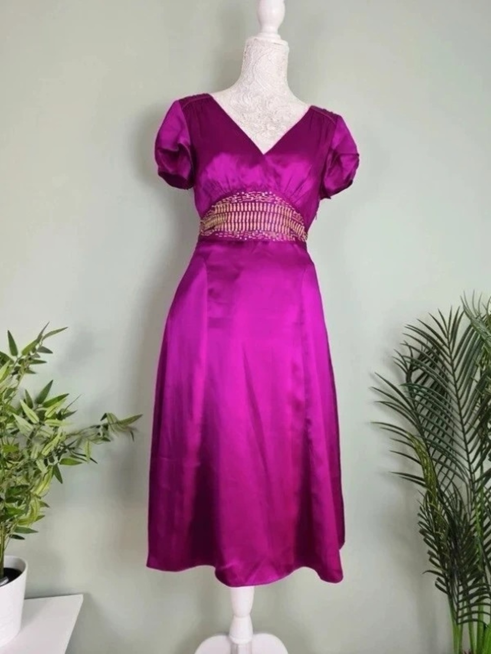 Magenta Satin V-Neck Midi Dress with Embellished Waist